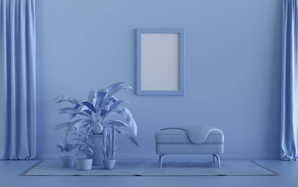 istock Single Frame Gallery Wall in light blue monochrome flat room and plants 1392444586