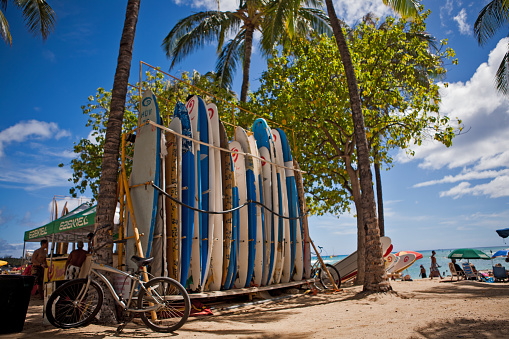 Oahu, Waikiki- August 27 2010 : Surfboards for rent in a Hawaiian beach