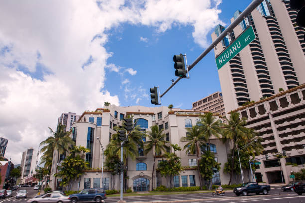 Honolulu - August 23, 2010 : View of modern Hawaiian buildings and street traffic