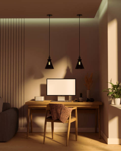 istock Modern contemporary home workspace in living room interior with computer on table 1392445519