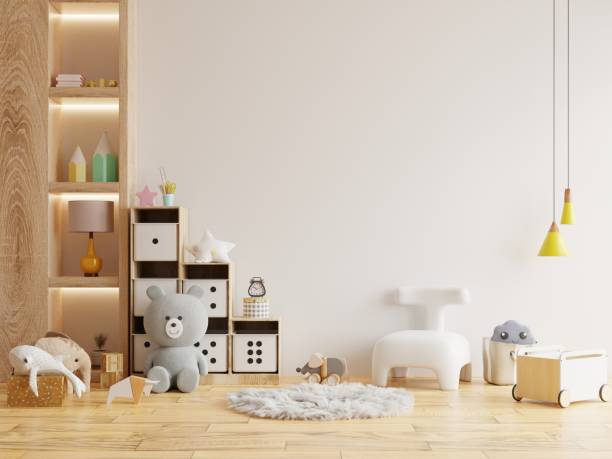 maketa zdi v dětském pokoji na zdi bílé barvy pozadí, dětská herna. - hrací místnost místnost fotky - stock snímky, obrázky a fotky