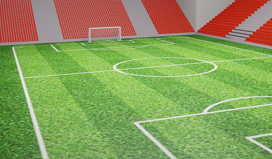 3D render illustration football field in zoom out view at the stadium