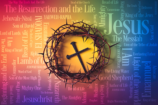 Crown of Thorns with a metal cross and Jesus names and attributes in a multicolored canvas background.