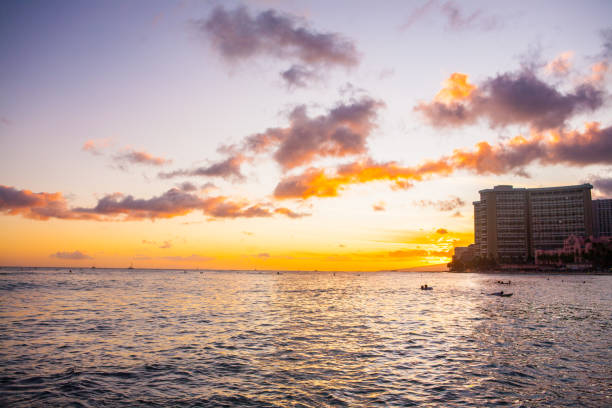 Honolulu - July 18, 2011 :  People enjoying Waikiki beach during sunset