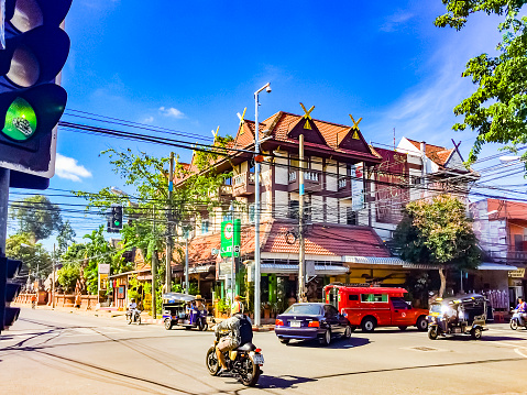 An intersection in the old town of Chiang Mai, Thailand