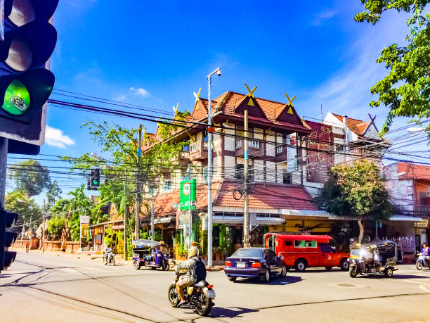 An intersection in the old town of Chiang Mai, Thailand An intersection in the old town of Chiang Mai, Thailand chiang mai province stock pictures, royalty-free photos & images