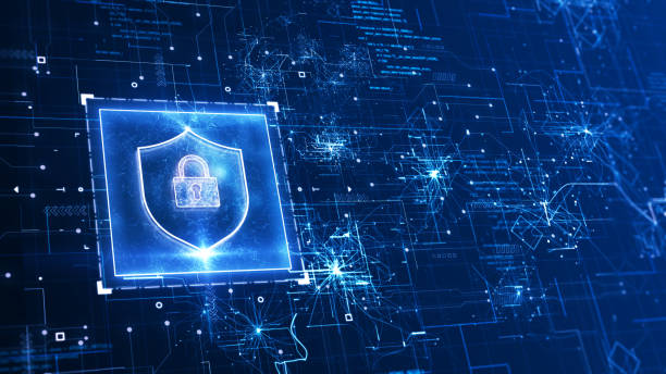 istock Cybersecurity concept of data protection in digital technology. There is a padlock in a prominent shield on the left, an abstract circuit surrounding the binary and fractal code. perspective design. 1392453561