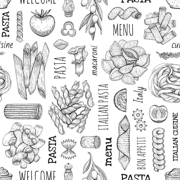 Vector illustration of Pasta Pattern. Italian vector food seamless background. Macaroni sketch doodle illustration. Vintage drawing from Italy. Outline pasta Fettuccine Gobetti. Background with italian pasta restaurant menu