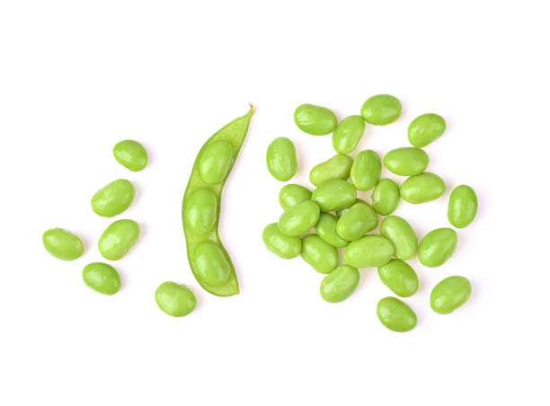 istock Soybeans, edamame beans on white background. Top view 1392454864