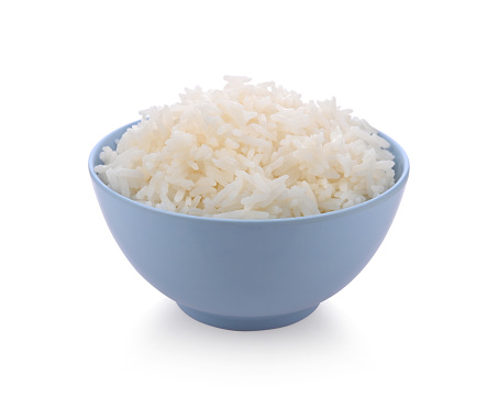 Cooked Rice in blue bowl isolated on white background