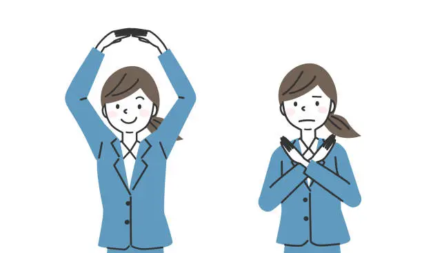 Vector illustration of Two Businesswomen making circle  shape and cross shape with hands