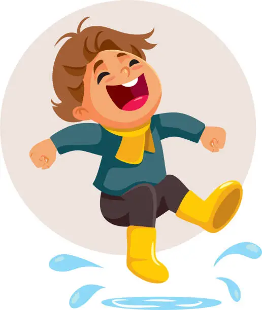 Vector illustration of Kid Jumping in Water Puddles Vector Cartoon Illustration