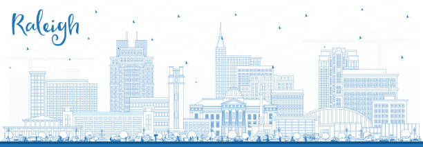 Outline Raleigh North Carolina City Skyline with Blue Buildings. Outline Raleigh North Carolina City Skyline with Blue Buildings. Vector Illustration. Raleigh Cityscape with Landmarks. Business Travel and Tourism Concept with Modern Architecture. raleigh north carolina stock illustrations