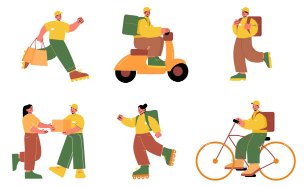 Set of courier characters deliver parcel to client Set of courier characters deliver parcels on bicycle, by feet and scooter. Shipping service worker with food, carton box order transportation to customer, Cartoon line art flat vector illustration restaurant labor union stock illustrations