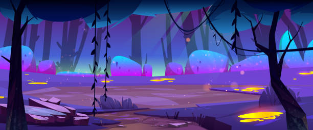 Night forest landscape, cartoon mysterious fantasy Night forest landscape, cartoon mysterious fantasy or alien planet background, nighttime nature with field, trees, lianas, rocks, neon glowing bushes and yellow spots on ground. Vector illustration alien planet stock illustrations