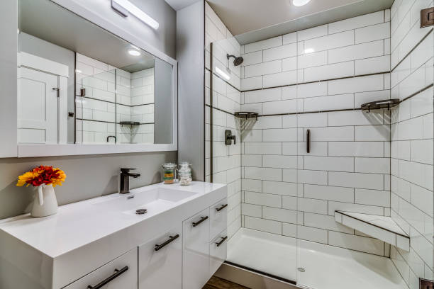 istock White bathroom with black trim 1392462752