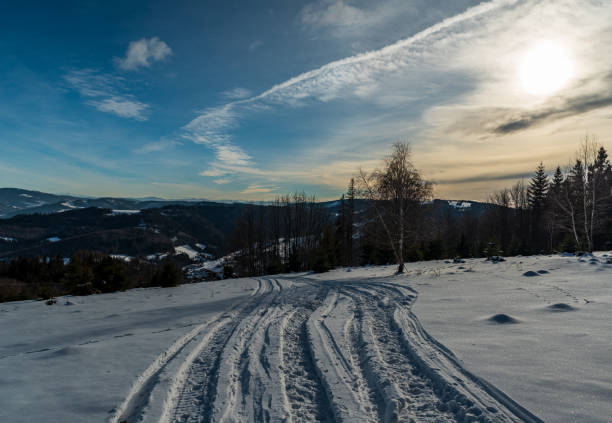 Winter Beskid Slaski mountains in Poland - view bellow Wielka Czantoria hill