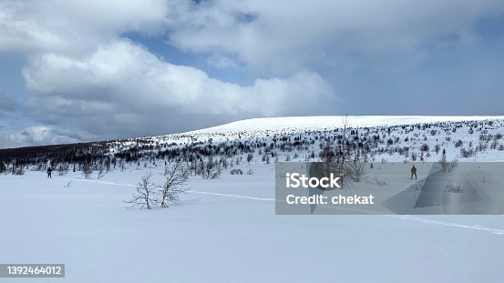 istock Amazing winter landscape. Skiers on a walk. Panorama of harsh northern nature. 1392464012