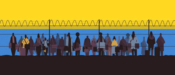 Ukrainian refugees with things near barbed wire fence rush to border fleeing russian aggression against Ukraine stop war Ukrainian refugees with things near barbed wire fence rush to border fleeing russian aggression against Ukraine stop war concept horizontal full length vector illustration crowd of people borders stock illustrations