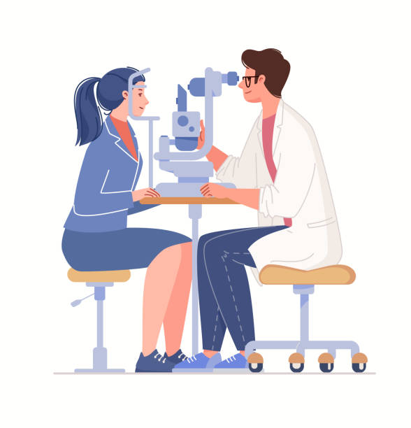 Eye Examination And Diagnosis of Diseases. Oculist checks vision of woman, doctor in form conducts eye examination procedure. Medical and healthcare concept, ophthalmologists office equipment, slit lamp. Vector flat cartoon illustration. optometrist stock illustrations