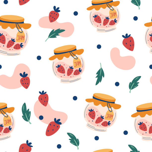 erdbeermarmelade nahtloses muster. süßes hausgemachtes dessert. schöner hintergrund für paket, geschenkpapier, stoff, druck, banner, tapete, werbung, textil. vektor-illustration - food jar backgrounds breakfast stock-grafiken, -clipart, -cartoons und -symbole