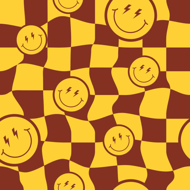 Retro seamless pattern with distorted checkered and smiling faces in style 70s, 80s. Retro seamless pattern with distorted checkered and smiling faces in style 70s, 80s. Trendy vector print for wrapping paper, textile, wallpaper distorted face stock illustrations