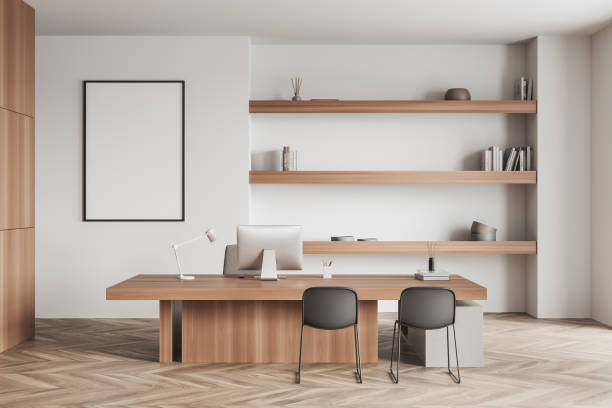 istock Light manager room interior with desk and computer, shelf and mockup frame 1392472176