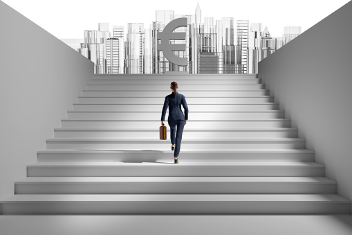 Businessman, business woman. Architecture, Staircase, Success, Business. Businessman climbs ladder to success - 3D Illustration