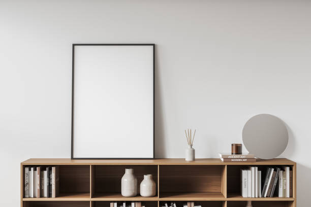 istock Light exhibition room interior with drawer and decoration, mockup poster 1392472341