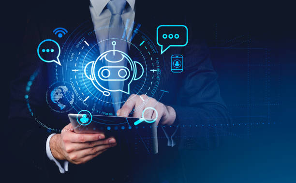 istock Businessman with device, voice chat and social network icons, binary and earth 1392472397