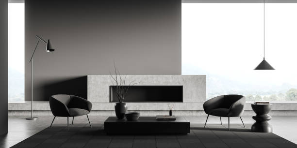 istock Grey living room interior with seats, fireplace near panoramic window. Mockup 1392472447