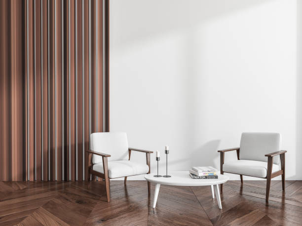 istock Light guest room interior with seats and coffee table, mockup 1392472454