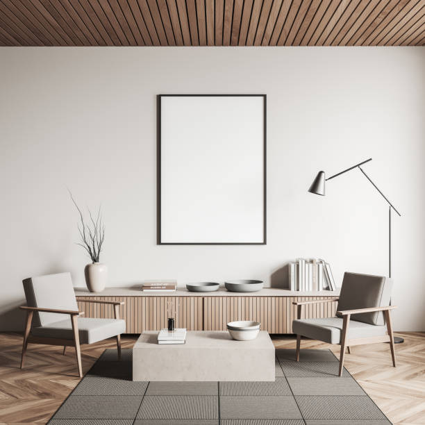 istock Corner view on bright living room interior with empty poster 1392472523