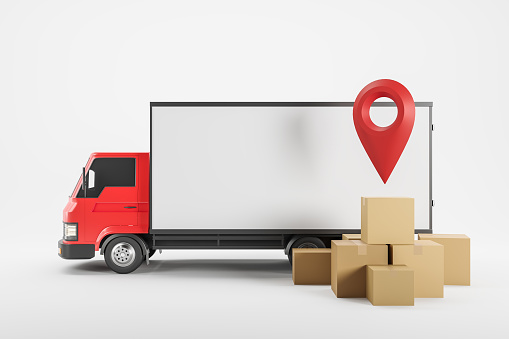 Delivery van and location pin, cardboard parcels near truck, white background. Concept of shipping and tracking. Mockup copy space