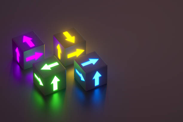 istock Arrows on glowing neon light cubes black background 1392472643