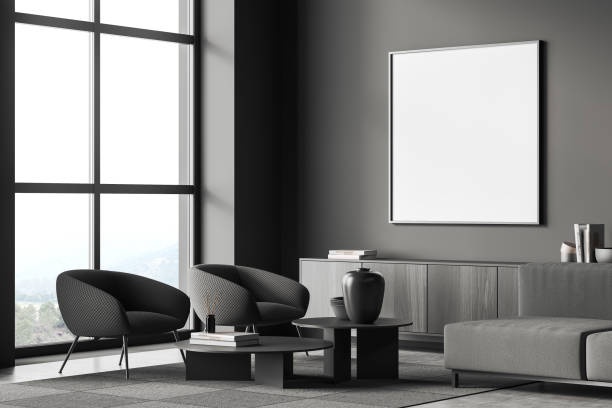 istock Corner view on bright living room interior with empty poster 1392472647