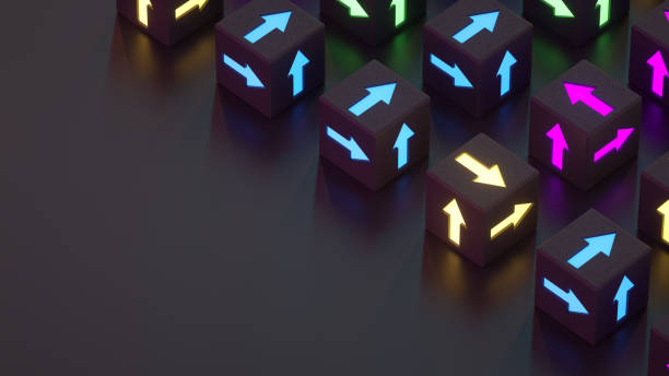 istock Arrows on glowing neon light cubes black background 1392472665
