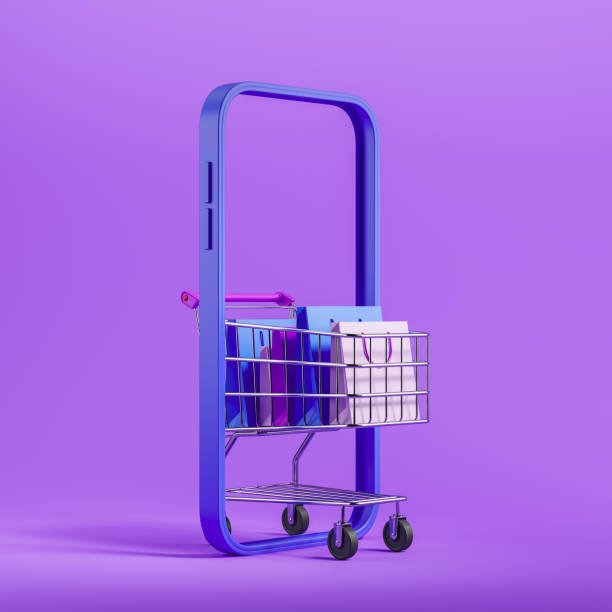 istock Phone and cart with packages on bright background, parcels delivery 1392473227