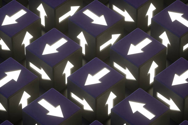 istock Arrows on glowing neon light cubes black background 1392473228