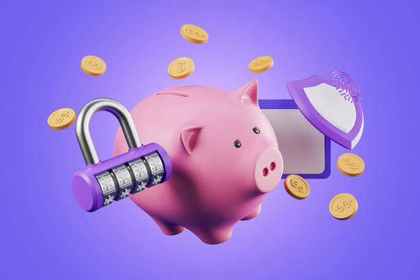 istock Piggy bank with code lock on bright background, payment and transaction 1392473232