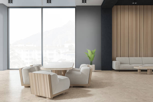 istock Corner view on bright office room interior with meeting board 1392473335