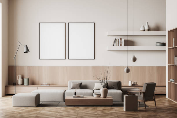 istock Relaxing room interior with seats and shelf. Mockup frames 1392473432