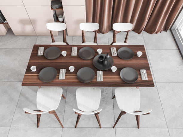 istock Light eating room interior with chairs, top view, shelf with decoration 1392473569