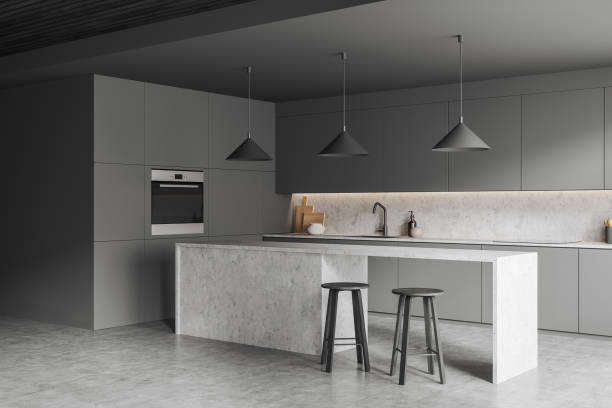 istock Grey kitchen set interior with seats and island, shelves and kitchenware 1392474335