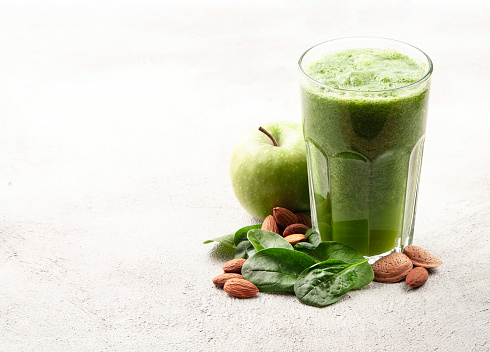 Healthy smoothies with fruits and nuts closeup. Copyspace photos.