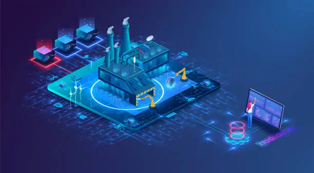 Vector illustration of Digital control technology in the manufacturing industry optimization of maintenance facilities. Modern isometric smart factory manufacturing facilities.  Isometric vector illustration, banner.