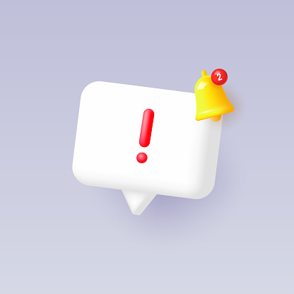 3d white speech bubble with exclamation mark and notification bell. Vector illustration.