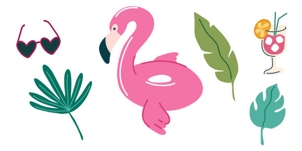 ilustraciones, imágenes clip art, dibujos animados e iconos de stock de ambiente veraniego. anillo de natación de goma inflable flamingo. gafas de sol, hojas de palma, cóctel. juguete de playa de agua de verano. ilustración vectorial de stock en estilo plano de dibujos animados sobre blanco - natural pool fish sea water