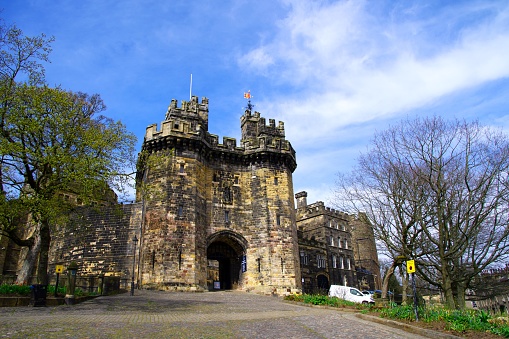 Lancaster Castle is a medieval castle founded in the 11th century on the site of a Roman fort.  Lancaster, Lancashire, England, on Monday, 11th April, 2022.
