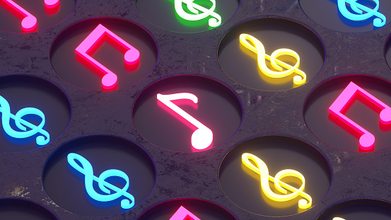 Musical notes and treble clef background with glowing neon lights, 3d render.